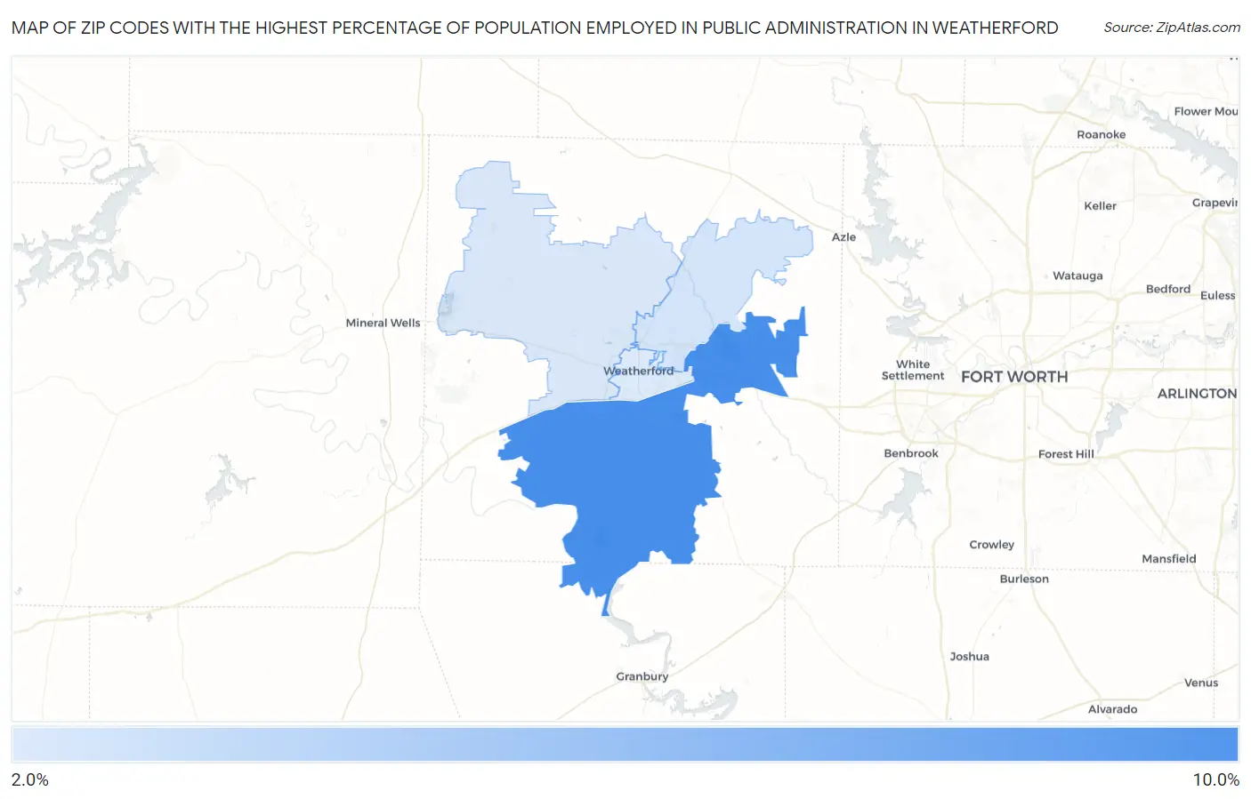 Zip Codes with the Highest Percentage of Population Employed in Public Administration in Weatherford Map