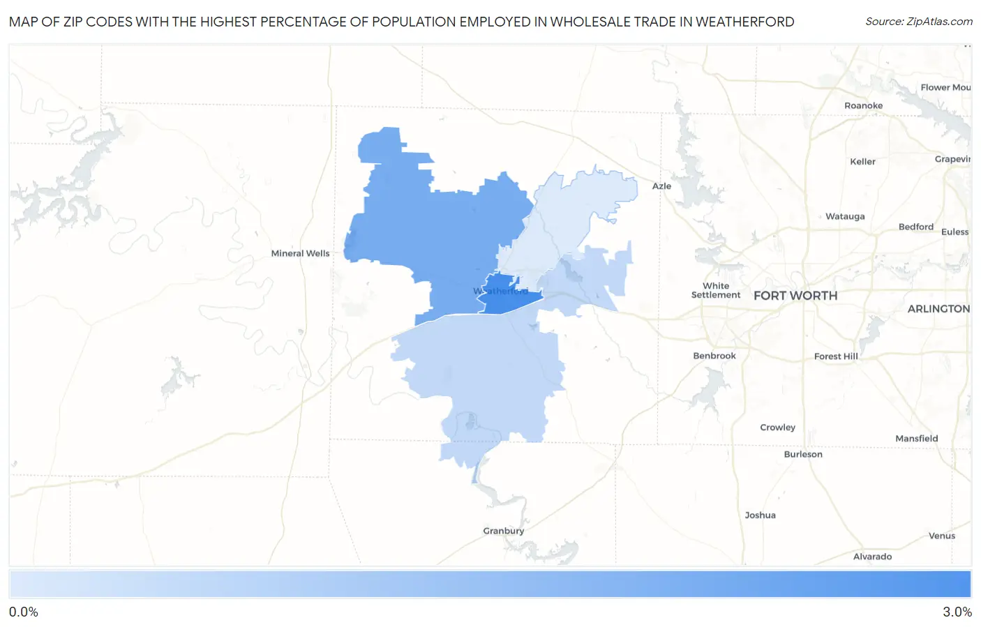 Zip Codes with the Highest Percentage of Population Employed in Wholesale Trade in Weatherford Map