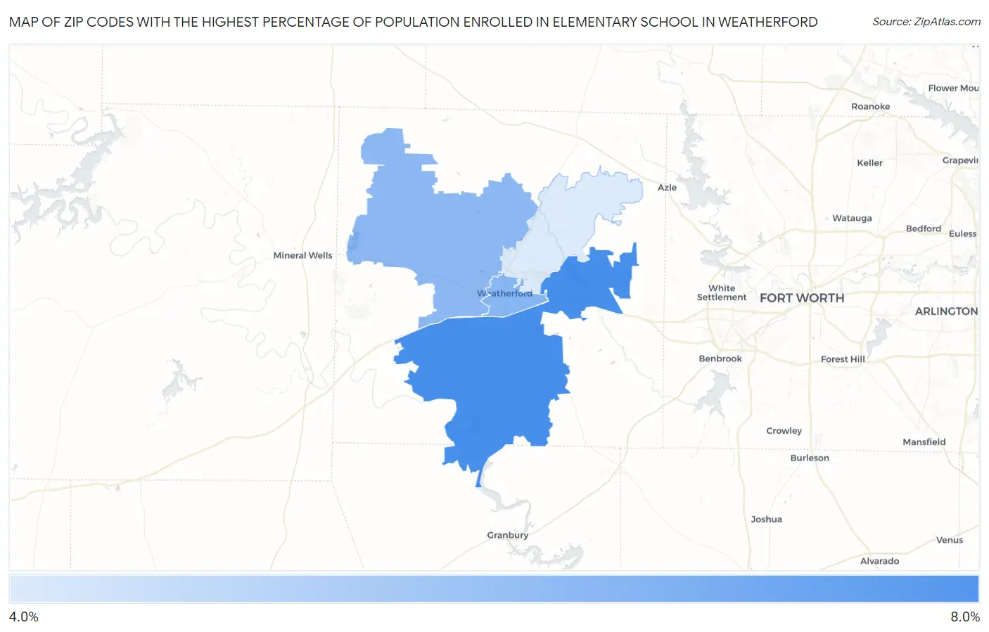 Zip Codes with the Highest Percentage of Population Enrolled in Elementary School in Weatherford Map