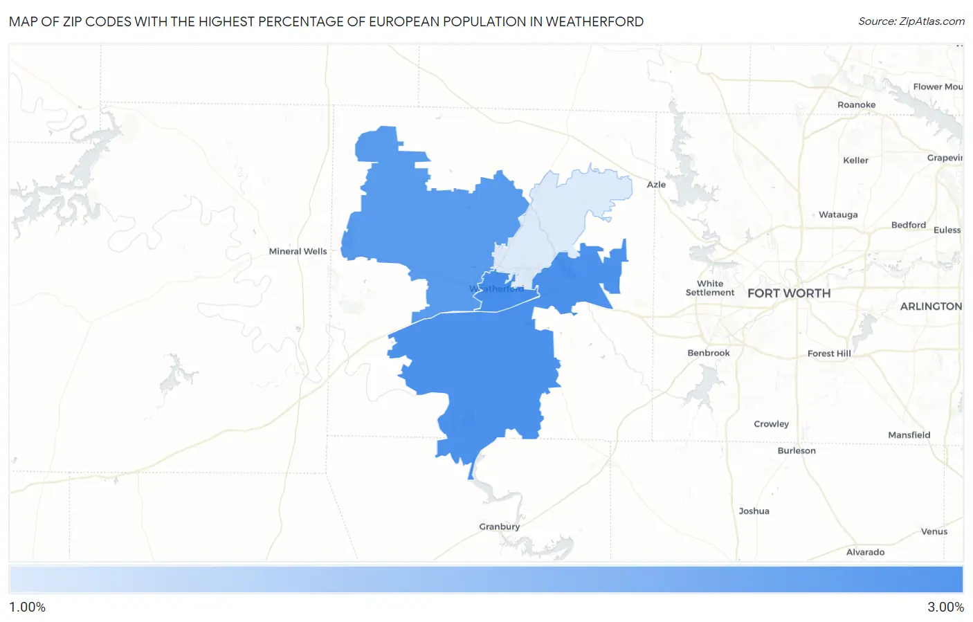 Zip Codes with the Highest Percentage of European Population in Weatherford Map