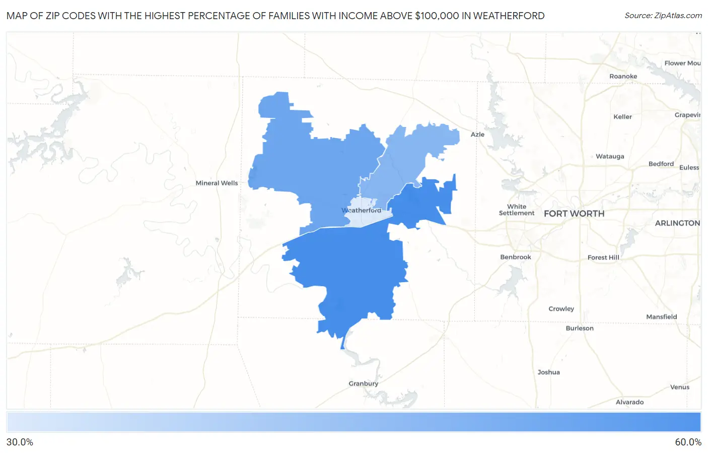 Zip Codes with the Highest Percentage of Families with Income Above $100,000 in Weatherford Map