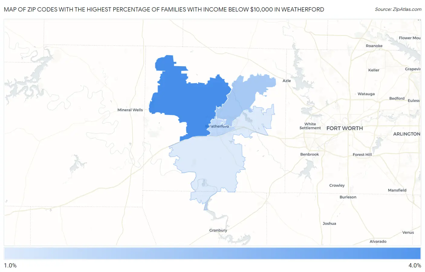 Zip Codes with the Highest Percentage of Families with Income Below $10,000 in Weatherford Map