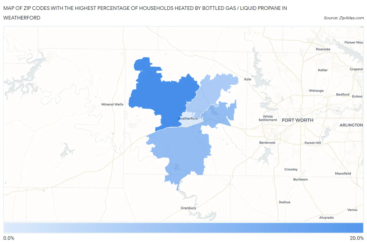 Zip Codes with the Highest Percentage of Households Heated by Bottled Gas / Liquid Propane in Weatherford Map