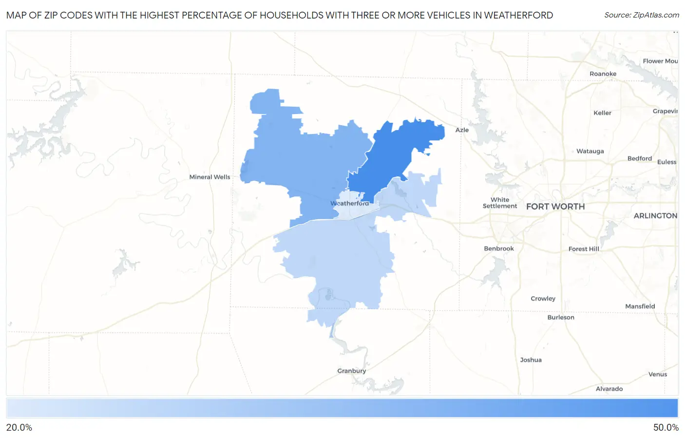 Zip Codes with the Highest Percentage of Households With Three or more Vehicles in Weatherford Map