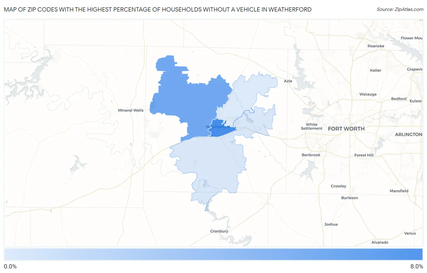 Zip Codes with the Highest Percentage of Households Without a Vehicle in Weatherford Map