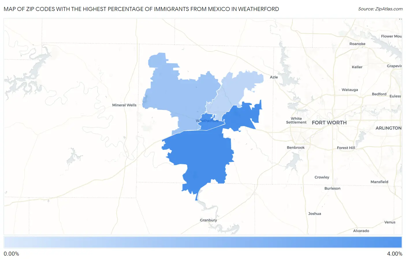 Zip Codes with the Highest Percentage of Immigrants from Mexico in Weatherford Map