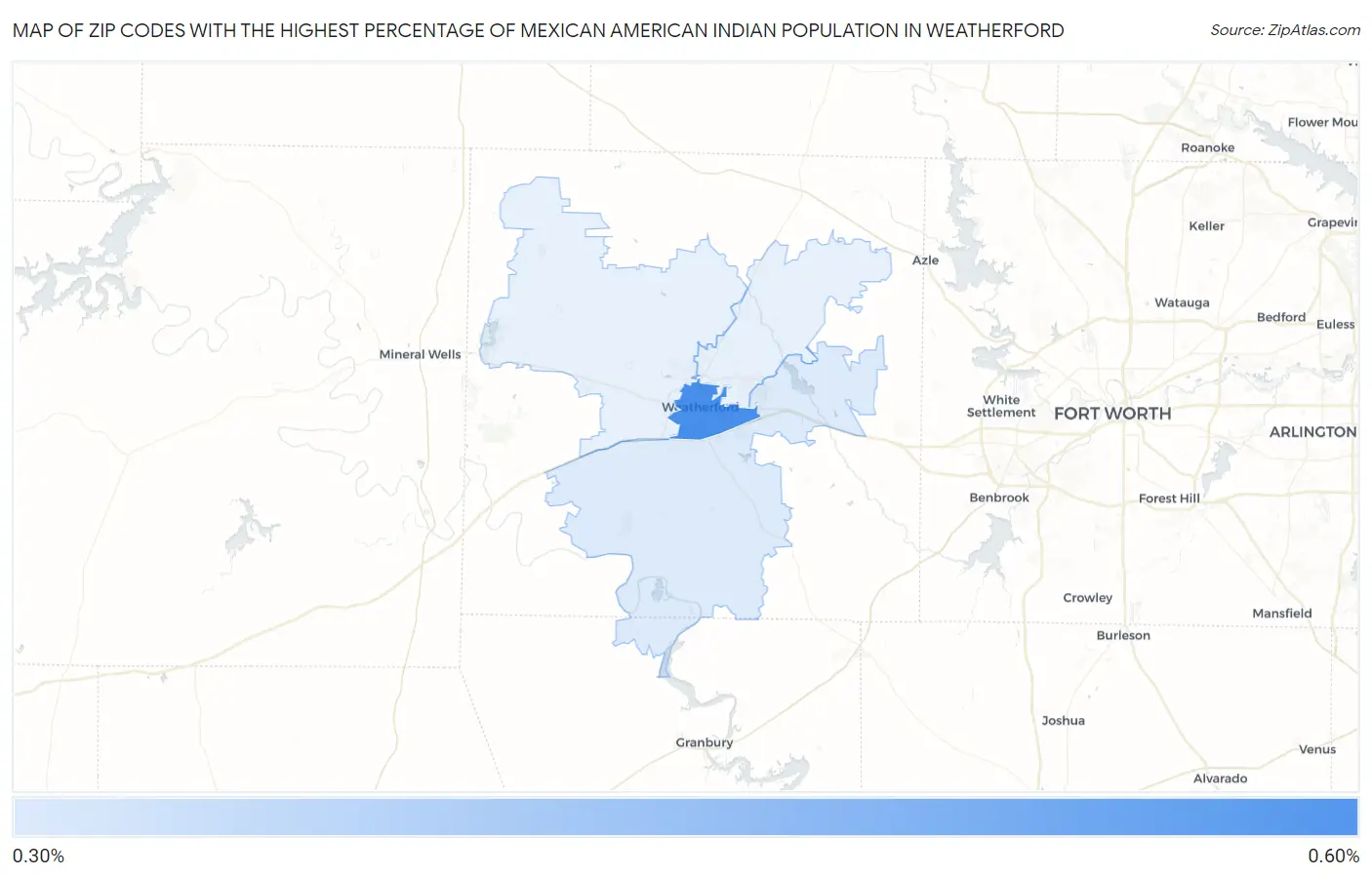 Zip Codes with the Highest Percentage of Mexican American Indian Population in Weatherford Map
