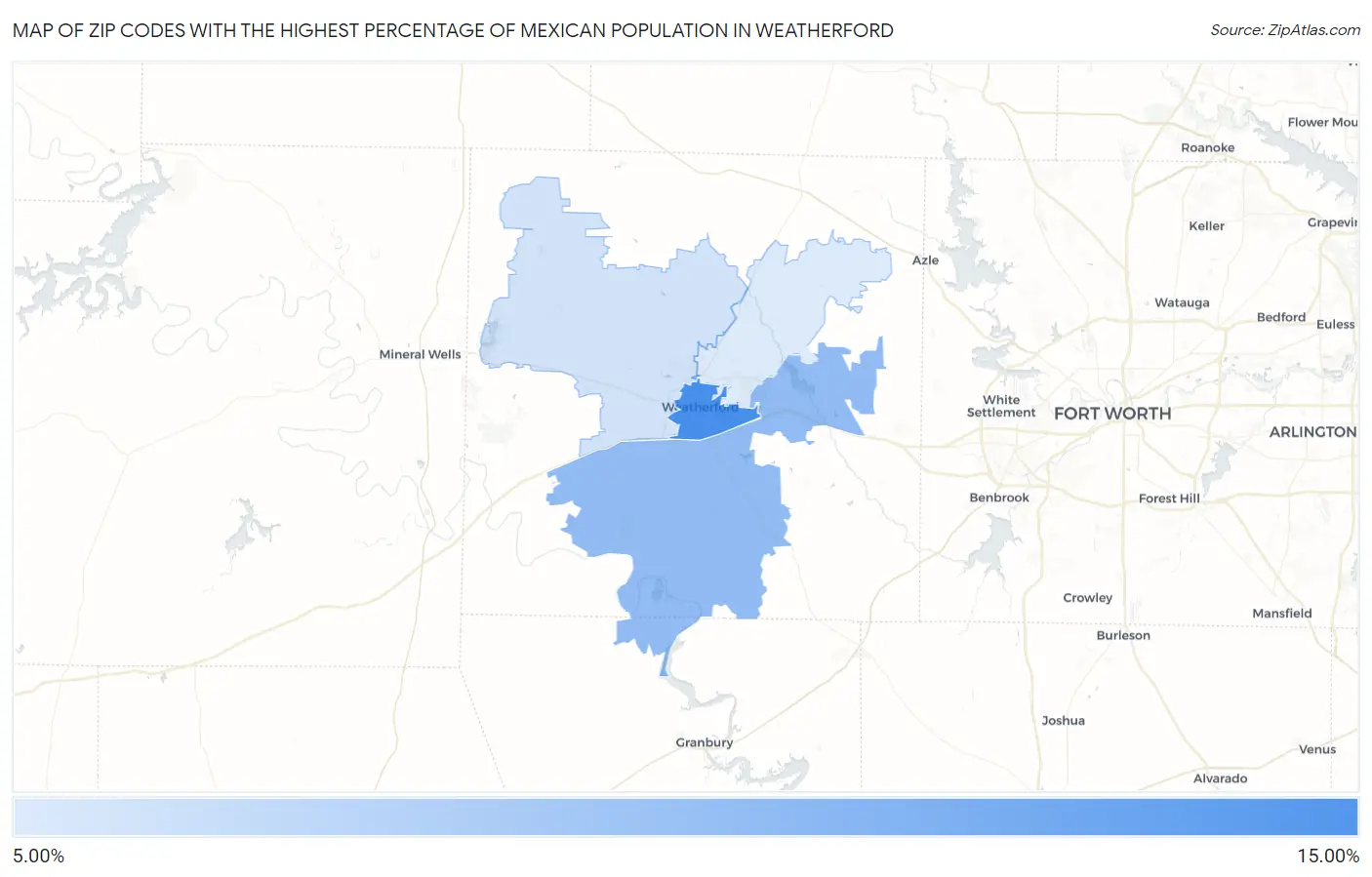 Zip Codes with the Highest Percentage of Mexican Population in Weatherford Map
