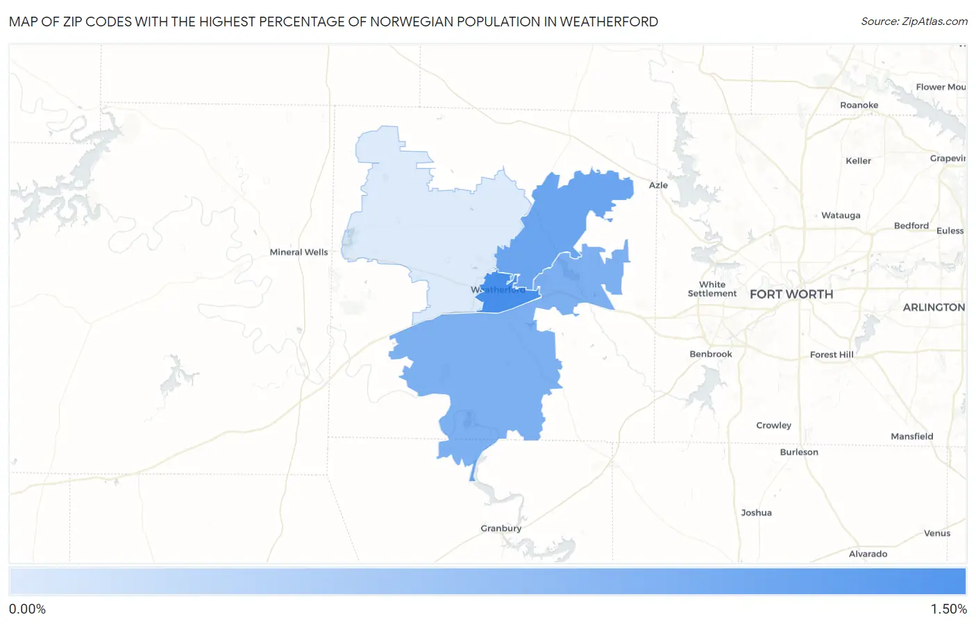Zip Codes with the Highest Percentage of Norwegian Population in Weatherford Map