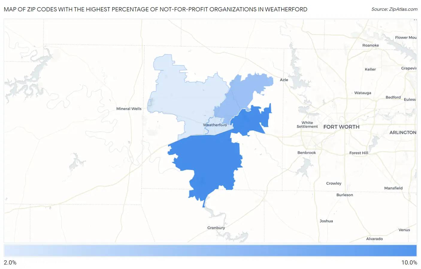 Zip Codes with the Highest Percentage of Not-for-profit Organizations in Weatherford Map