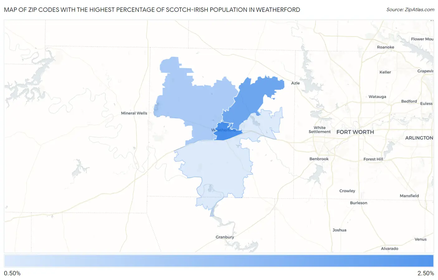 Zip Codes with the Highest Percentage of Scotch-Irish Population in Weatherford Map