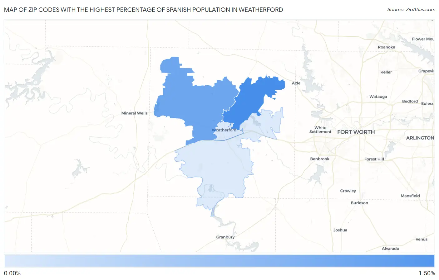 Zip Codes with the Highest Percentage of Spanish Population in Weatherford Map