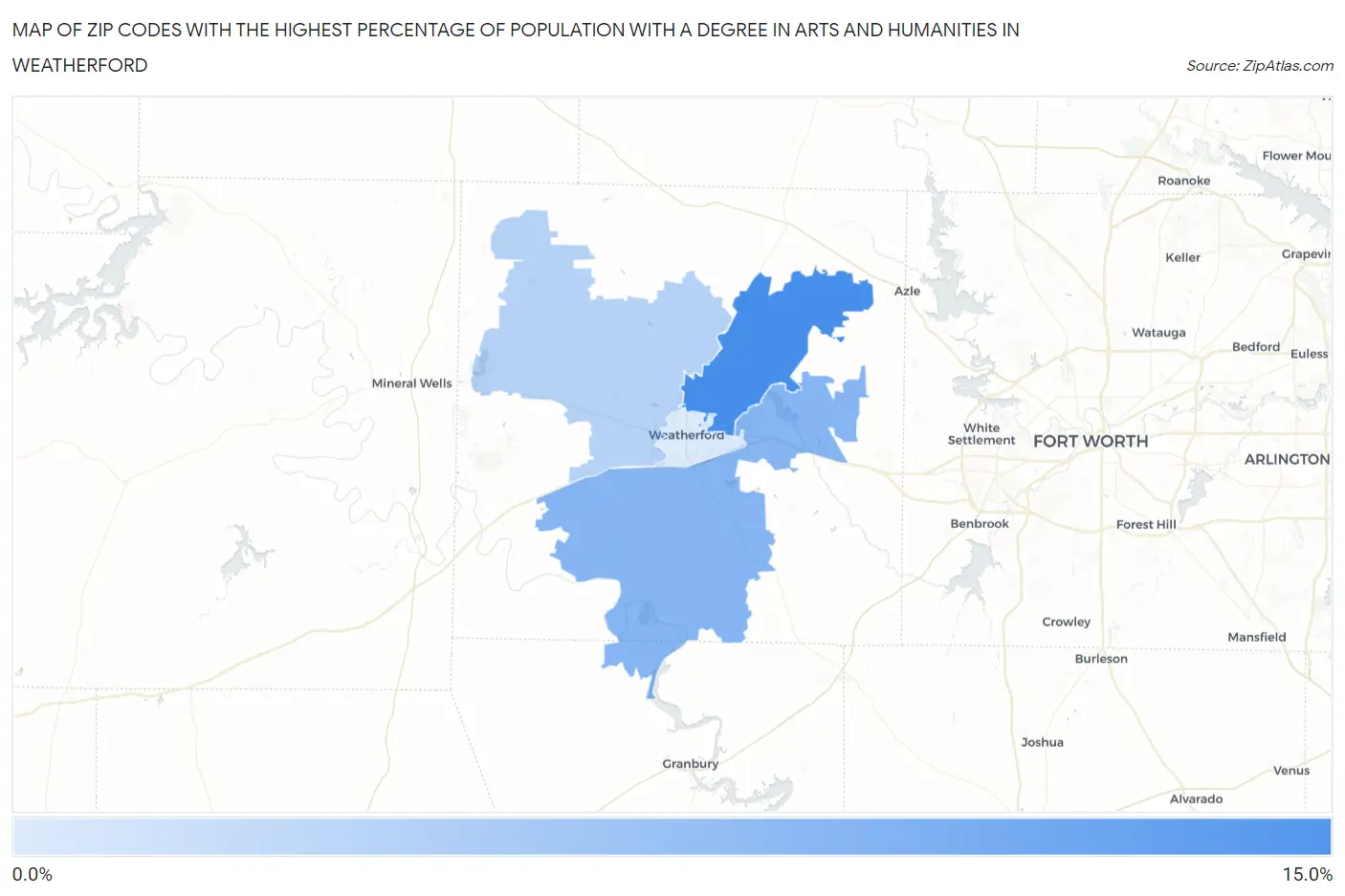 Zip Codes with the Highest Percentage of Population with a Degree in Arts and Humanities in Weatherford Map