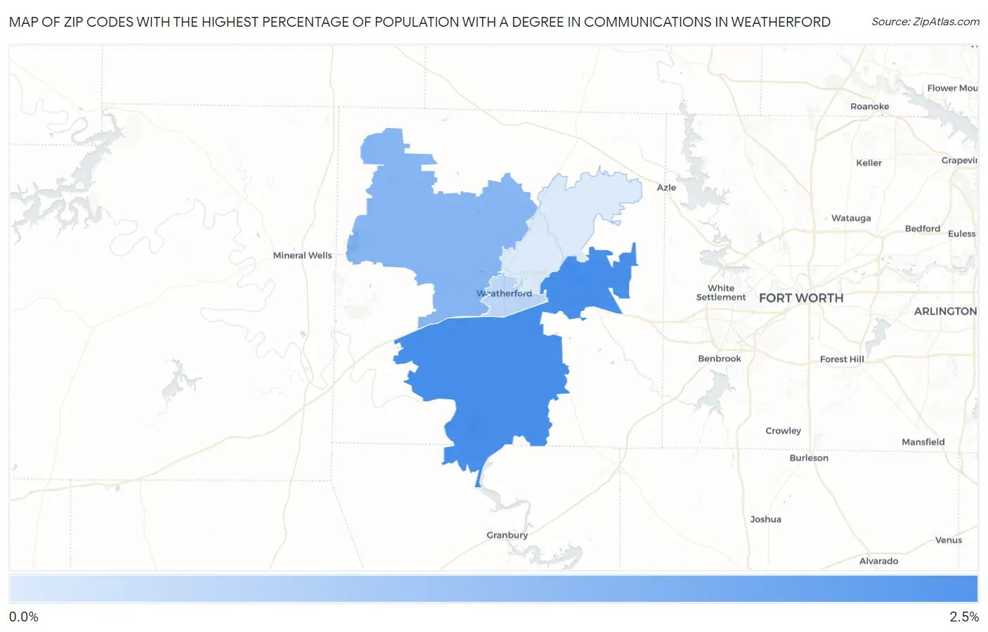 Zip Codes with the Highest Percentage of Population with a Degree in Communications in Weatherford Map
