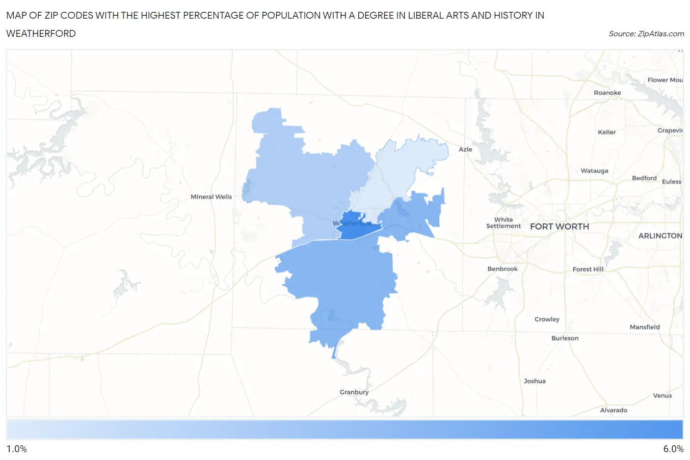 Zip Codes with the Highest Percentage of Population with a Degree in Liberal Arts and History in Weatherford Map