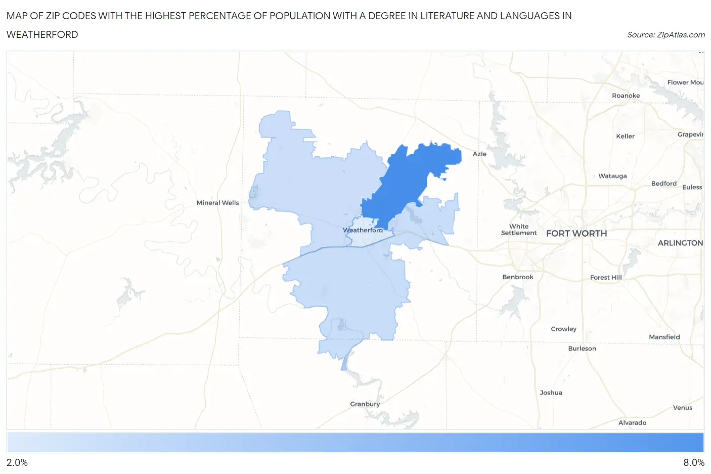 Zip Codes with the Highest Percentage of Population with a Degree in Literature and Languages in Weatherford Map