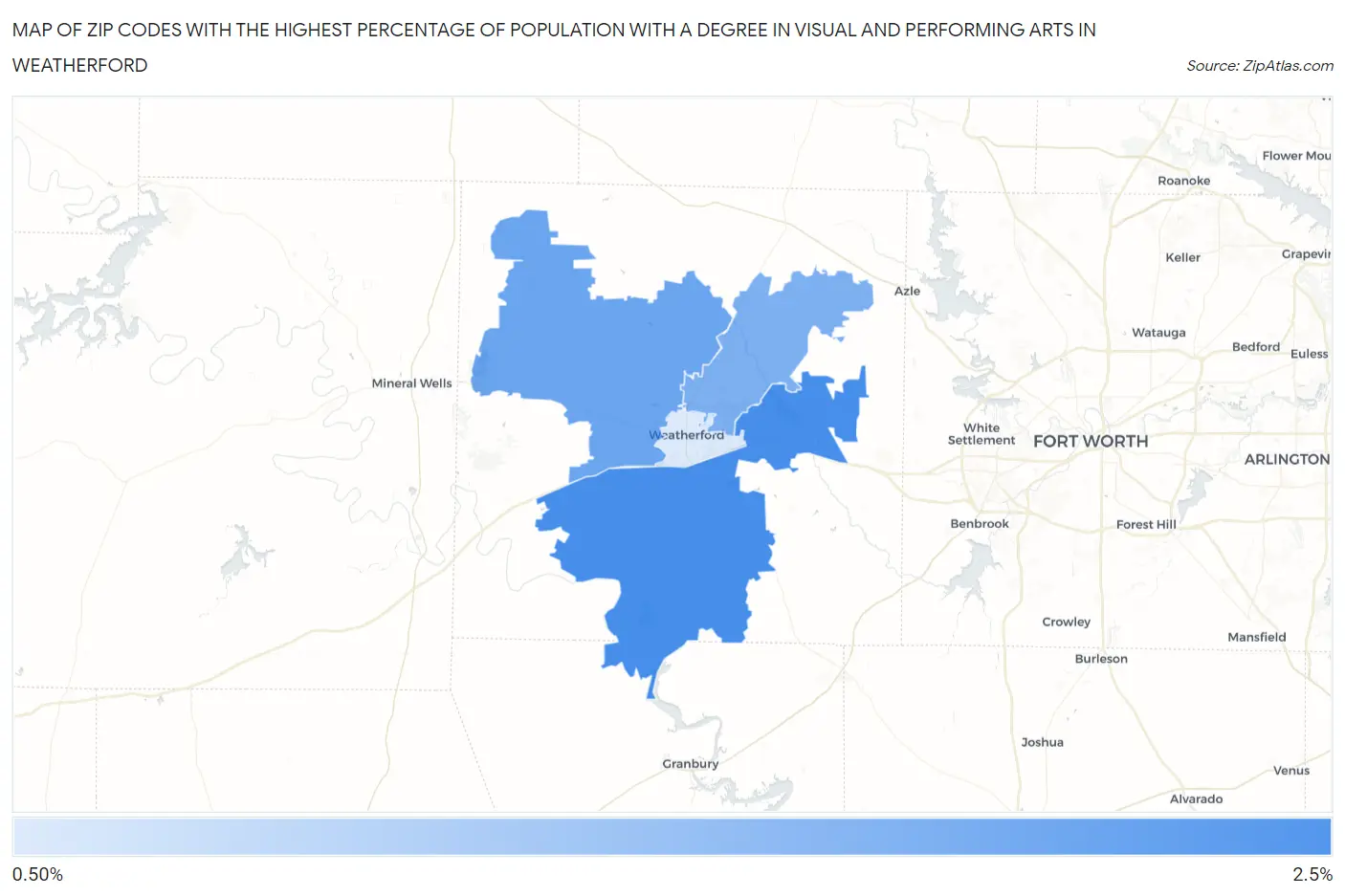 Zip Codes with the Highest Percentage of Population with a Degree in Visual and Performing Arts in Weatherford Map