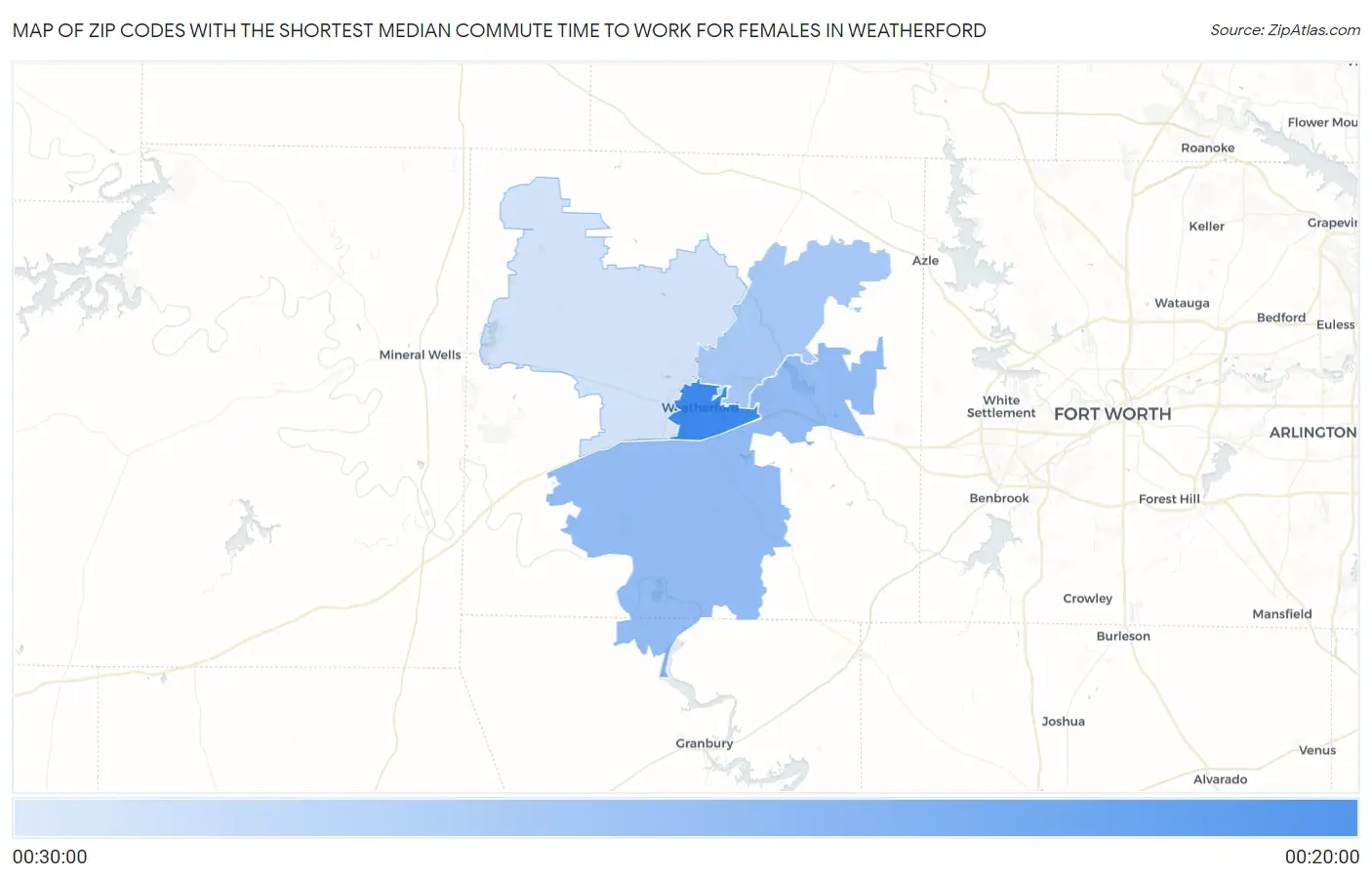 Zip Codes with the Shortest Median Commute Time to Work for Females in Weatherford Map