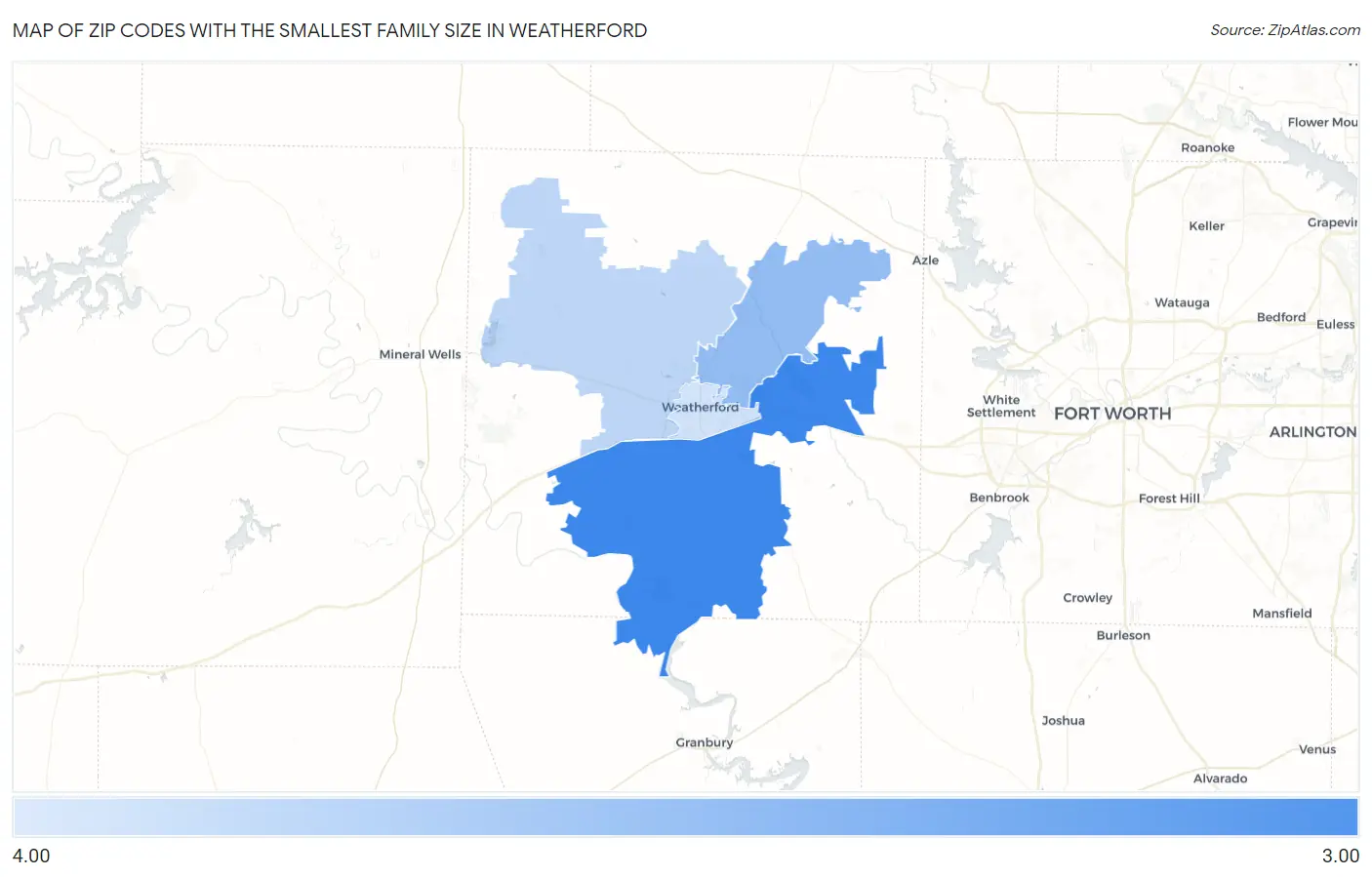 Zip Codes with the Smallest Family Size in Weatherford Map