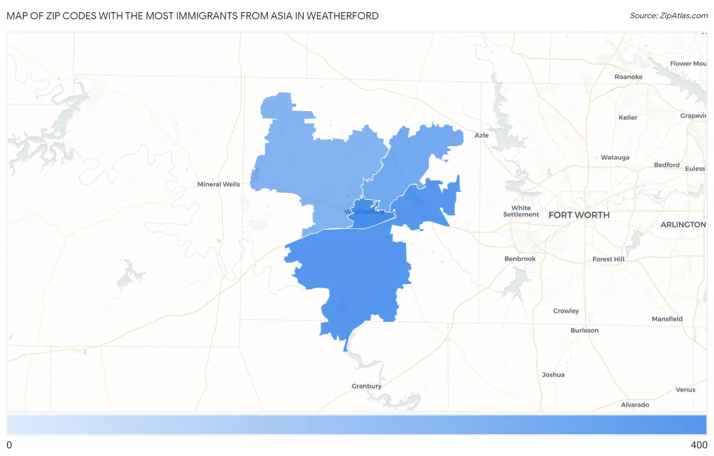 Zip Codes with the Most Immigrants from Asia in Weatherford Map