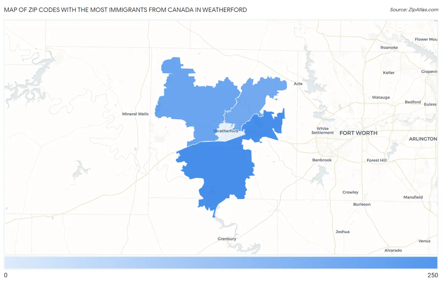 Zip Codes with the Most Immigrants from Canada in Weatherford Map