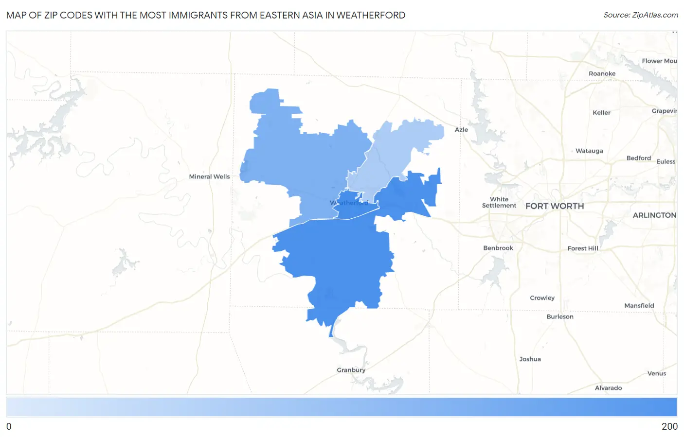 Zip Codes with the Most Immigrants from Eastern Asia in Weatherford Map