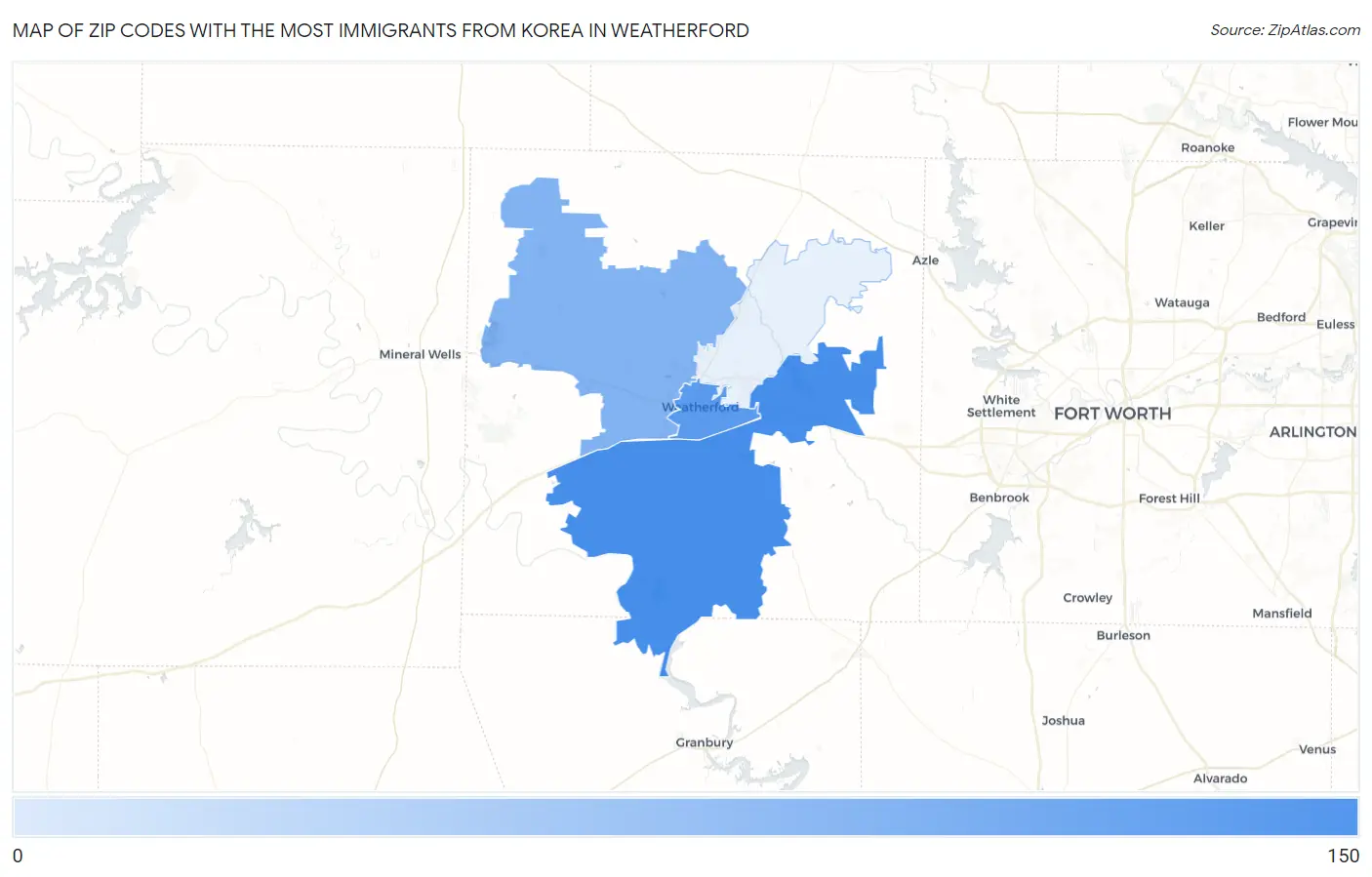 Zip Codes with the Most Immigrants from Korea in Weatherford Map