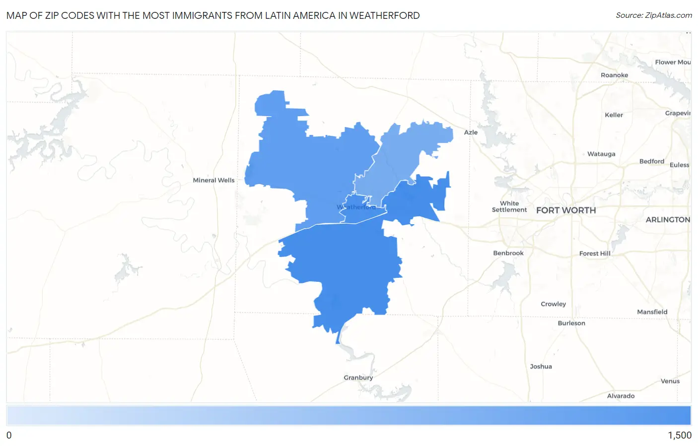 Zip Codes with the Most Immigrants from Latin America in Weatherford Map