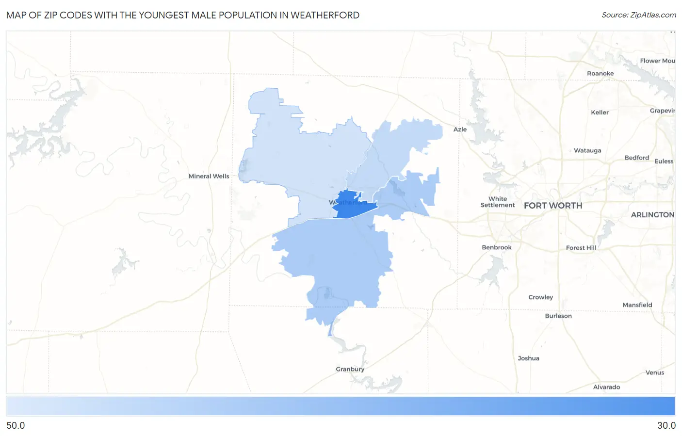 Zip Codes with the Youngest Male Population in Weatherford Map