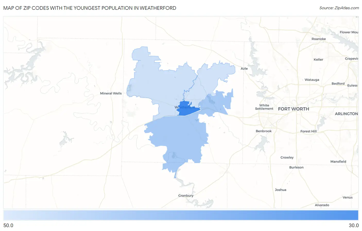 Zip Codes with the Youngest Population in Weatherford Map