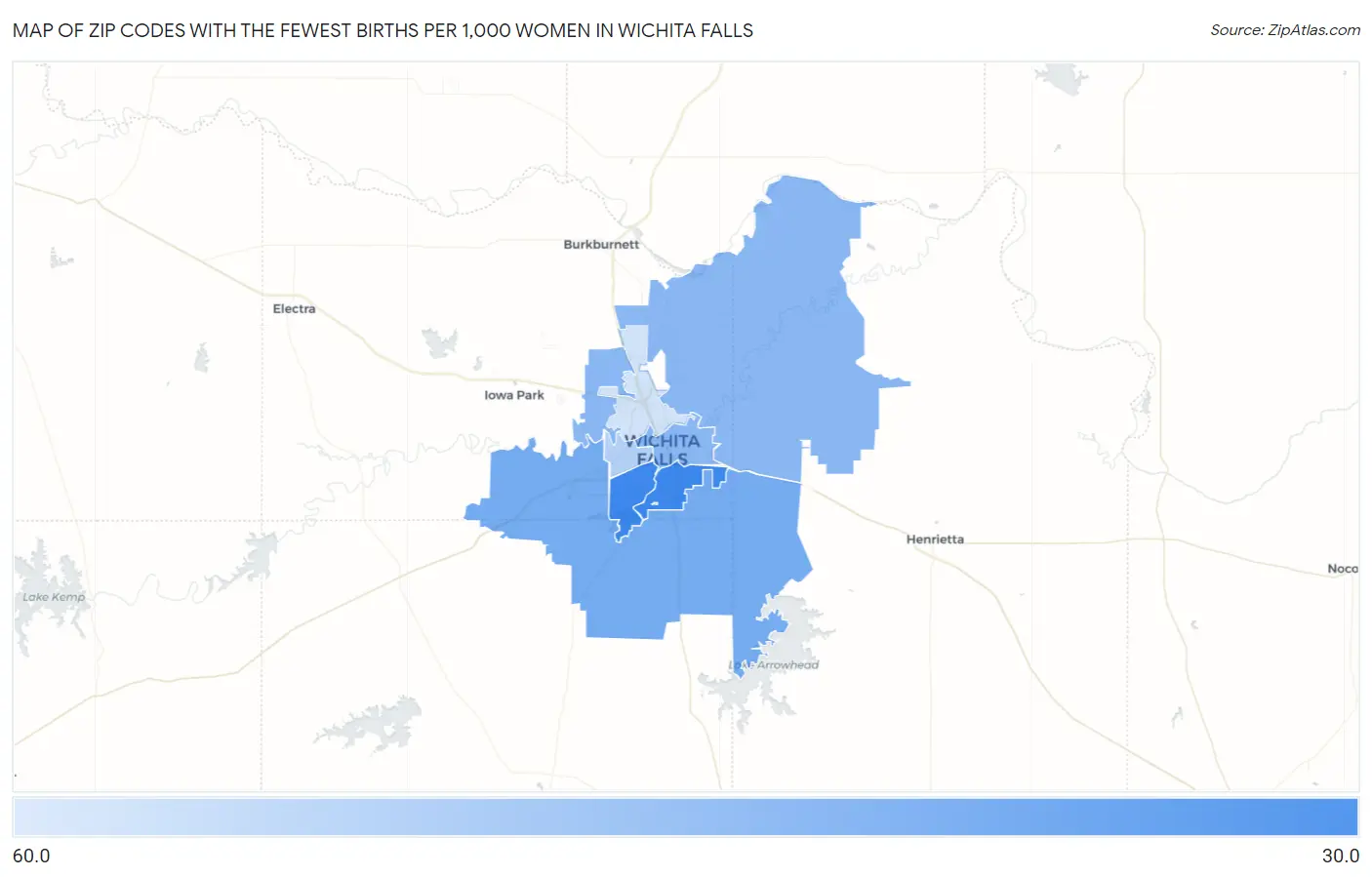 Zip Codes with the Fewest Births per 1,000 Women in Wichita Falls Map