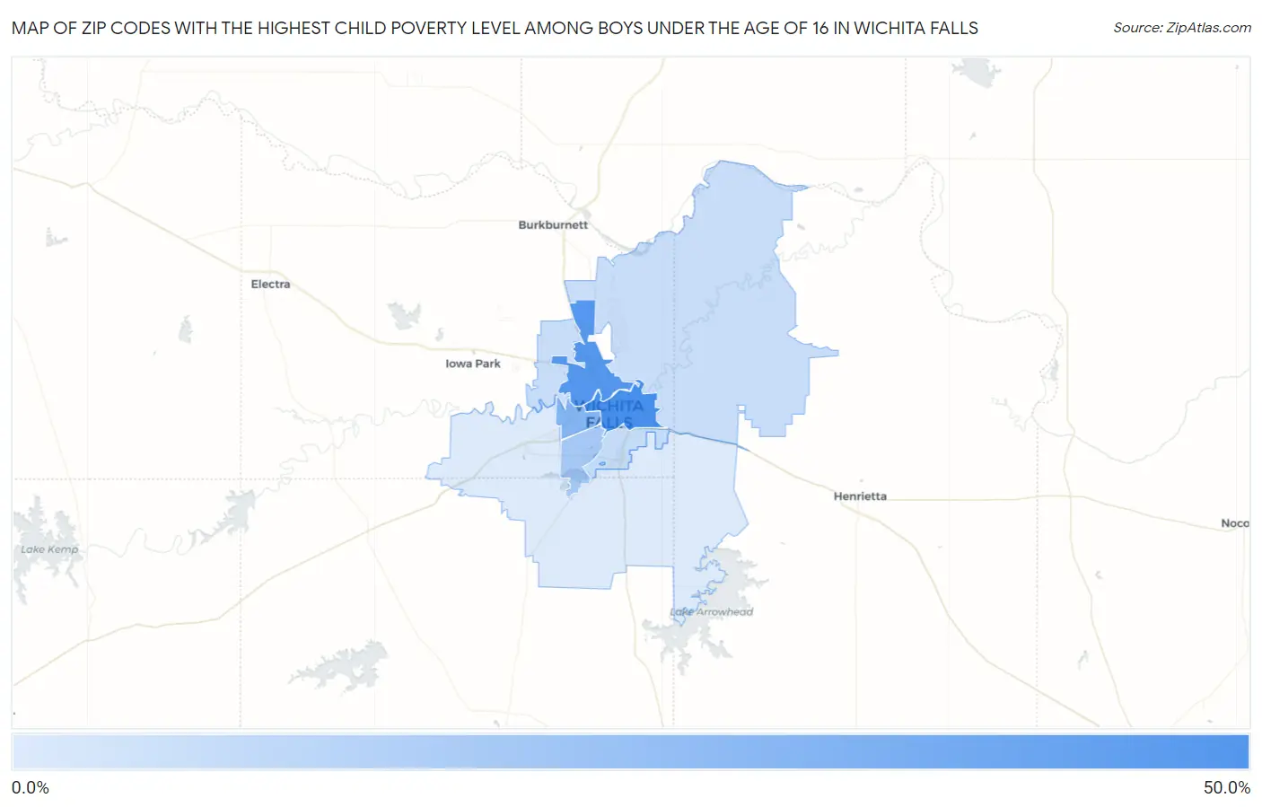Zip Codes with the Highest Child Poverty Level Among Boys Under the Age of 16 in Wichita Falls Map