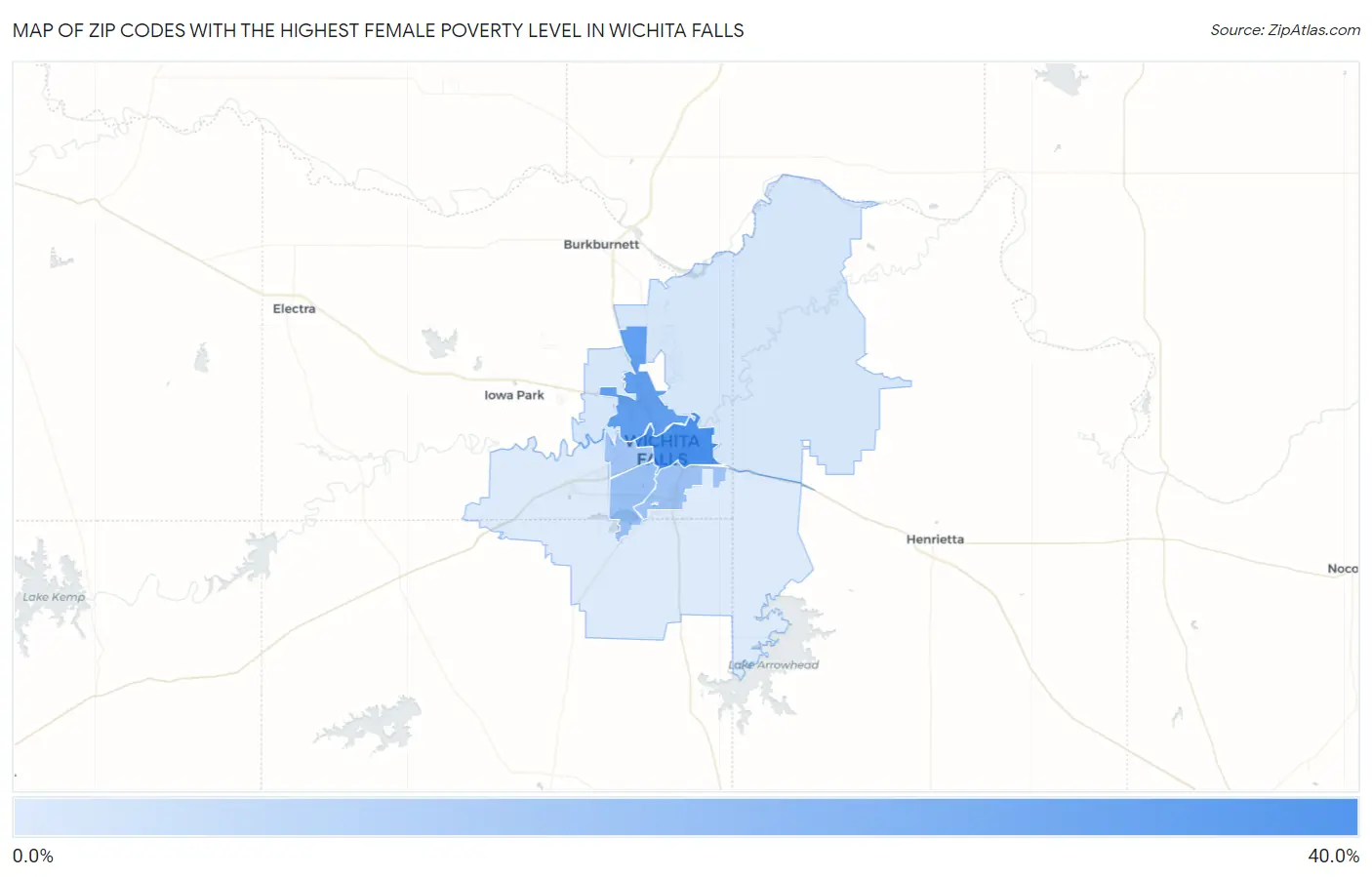 Zip Codes with the Highest Female Poverty Level in Wichita Falls Map