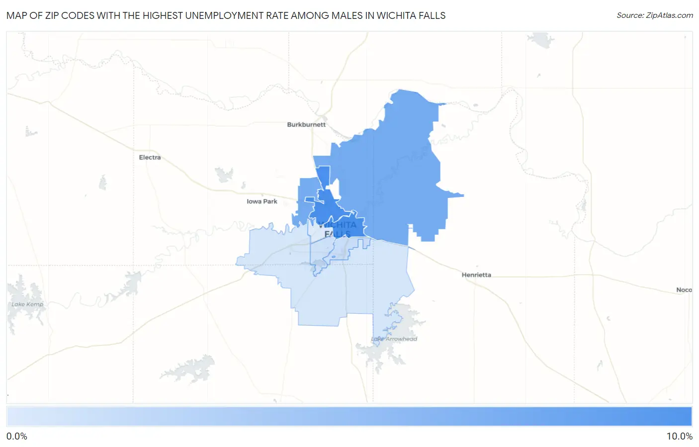Zip Codes with the Highest Unemployment Rate Among Males in Wichita Falls Map