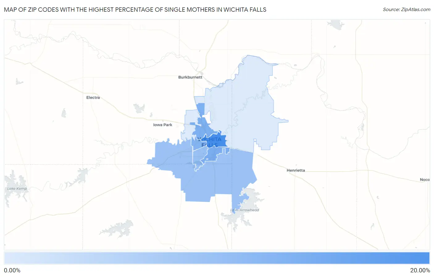 Zip Codes with the Highest Percentage of Single Mothers in Wichita Falls Map
