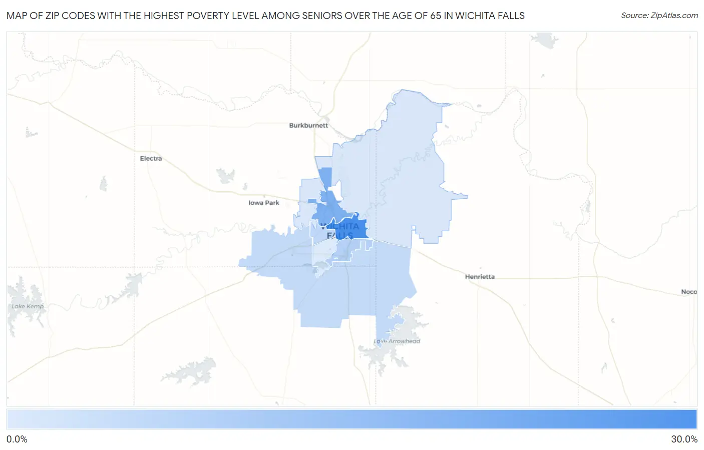 Zip Codes with the Highest Poverty Level Among Seniors Over the Age of 65 in Wichita Falls Map