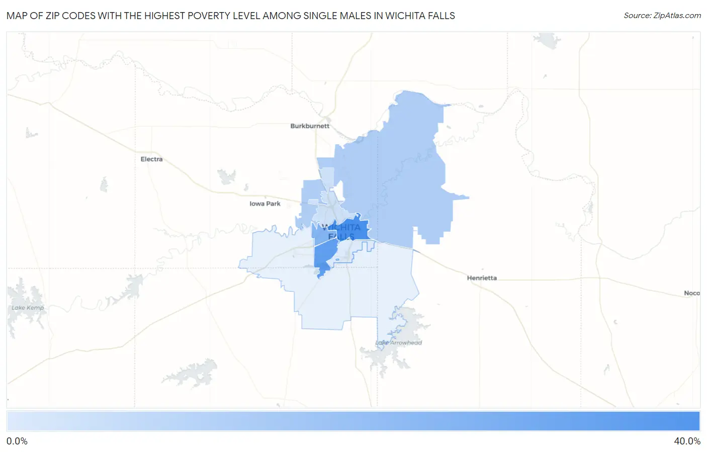 Zip Codes with the Highest Poverty Level Among Single Males in Wichita Falls Map