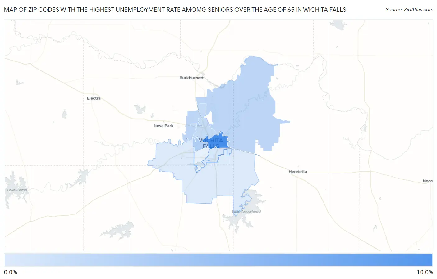 Zip Codes with the Highest Unemployment Rate Amomg Seniors Over the Age of 65 in Wichita Falls Map