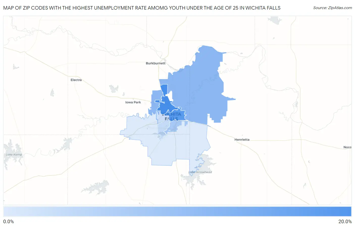 Zip Codes with the Highest Unemployment Rate Amomg Youth Under the Age of 25 in Wichita Falls Map