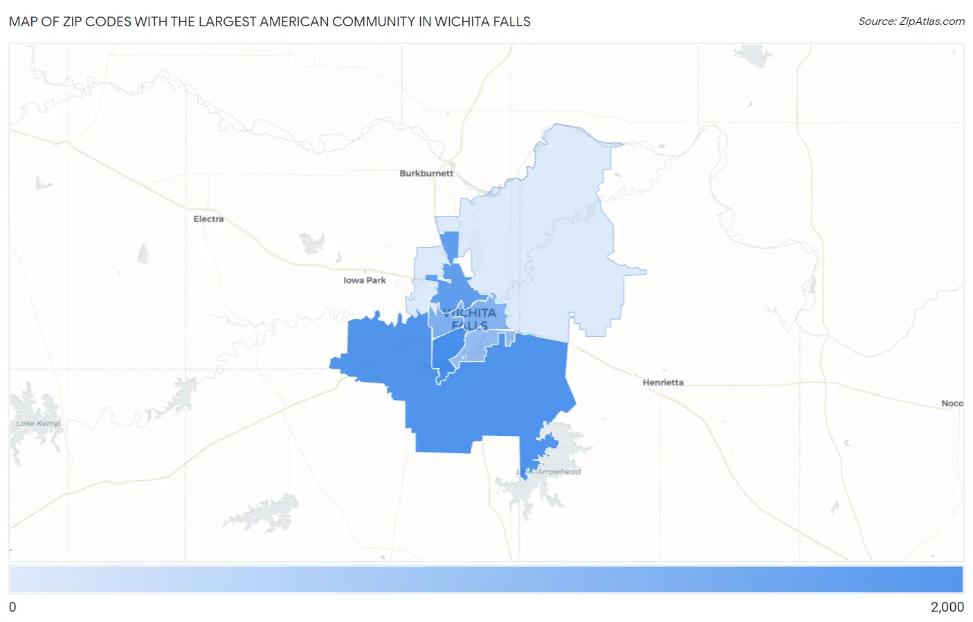 Zip Codes with the Largest American Community in Wichita Falls Map