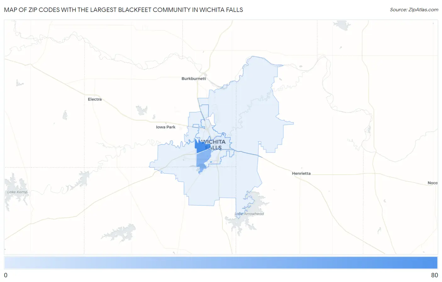 Zip Codes with the Largest Blackfeet Community in Wichita Falls Map