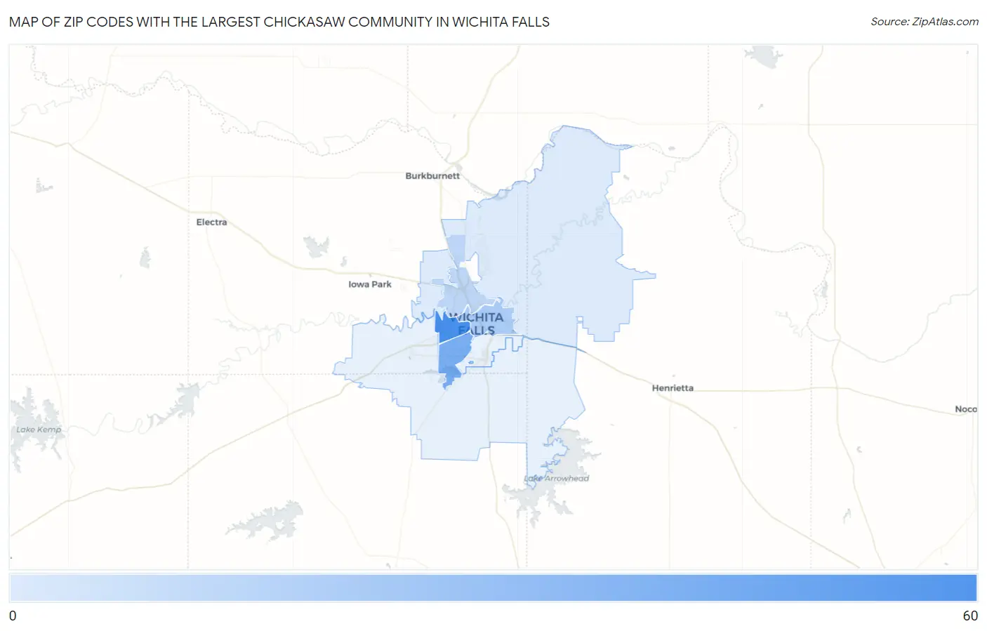 Zip Codes with the Largest Chickasaw Community in Wichita Falls Map