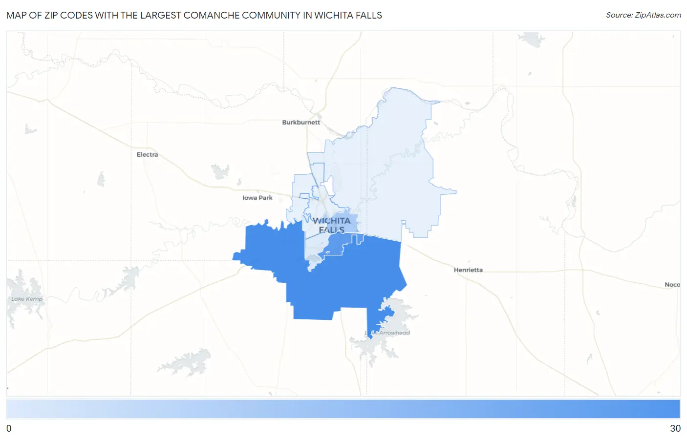 Zip Codes with the Largest Comanche Community in Wichita Falls Map