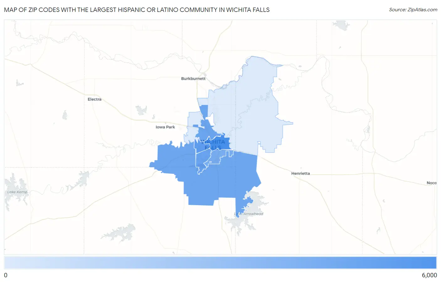 Zip Codes with the Largest Hispanic or Latino Community in Wichita Falls Map