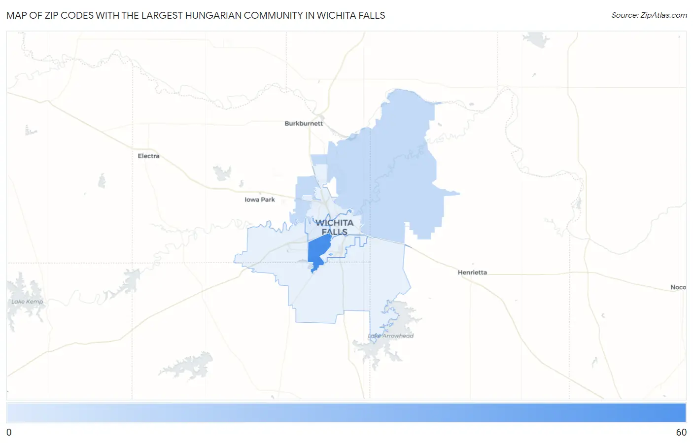 Zip Codes with the Largest Hungarian Community in Wichita Falls Map