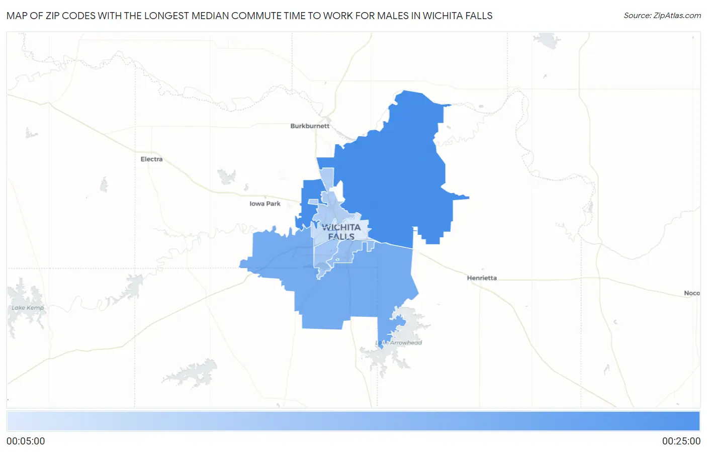 Zip Codes with the Longest Median Commute Time to Work for Males in Wichita Falls Map