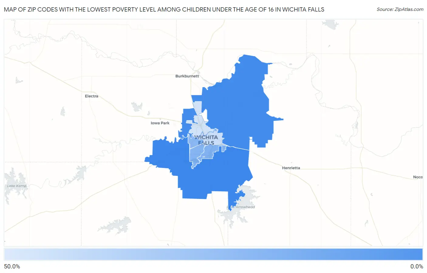 Zip Codes with the Lowest Poverty Level Among Children Under the Age of 16 in Wichita Falls Map