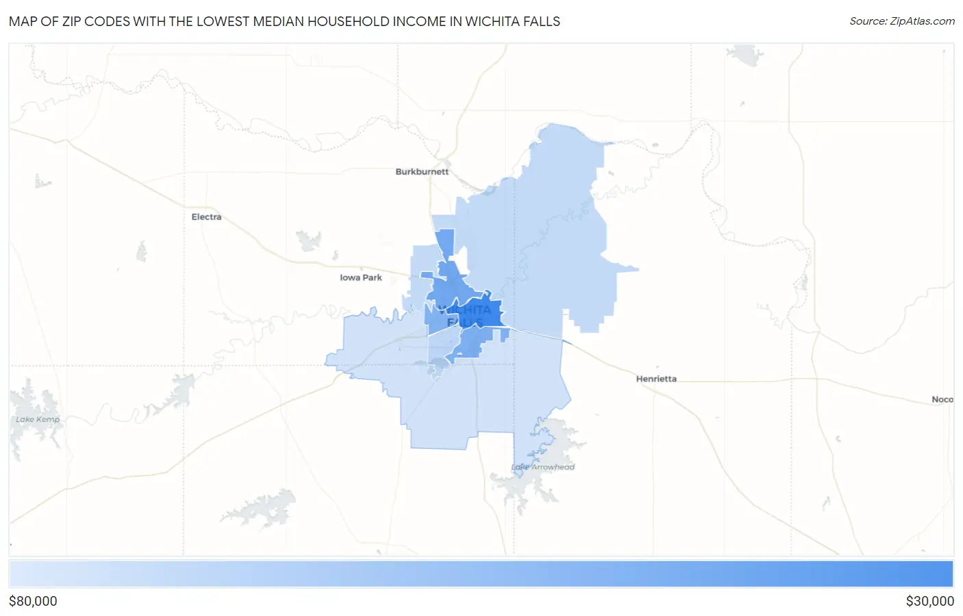 Zip Codes with the Lowest Median Household Income in Wichita Falls Map