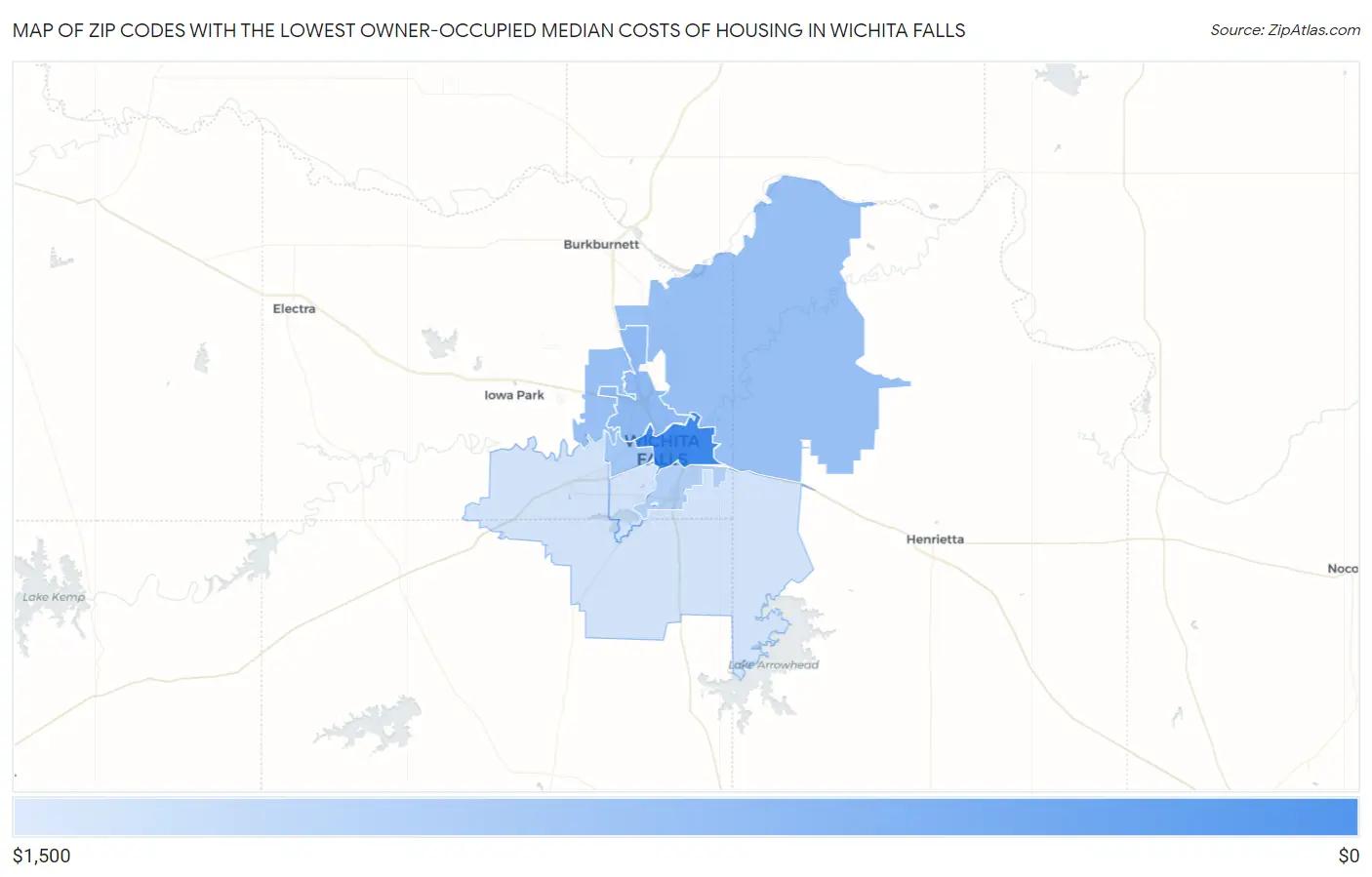 Zip Codes with the Lowest Owner-Occupied Median Costs of Housing in Wichita Falls Map