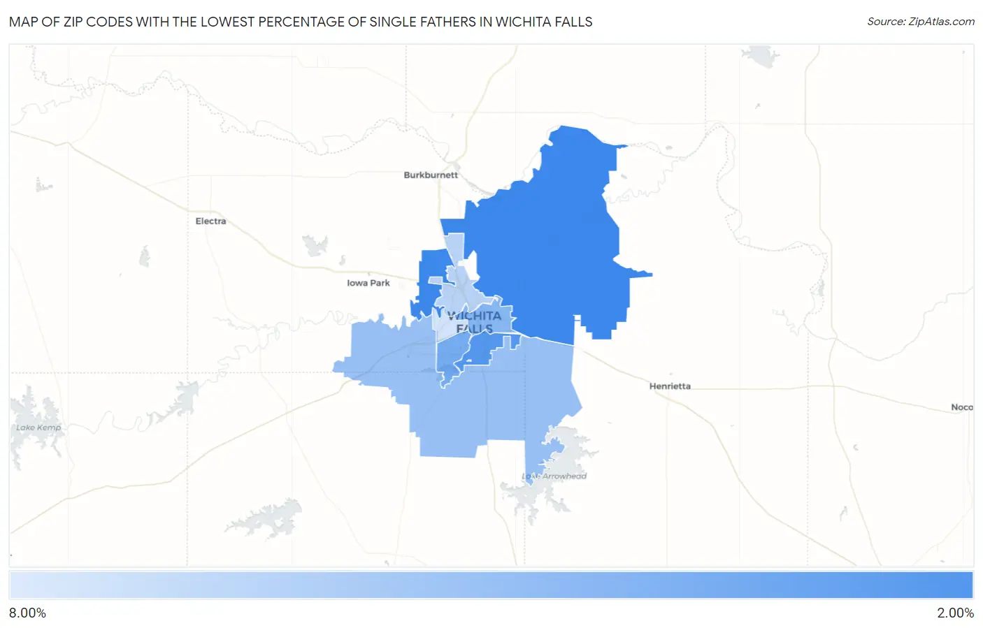 Zip Codes with the Lowest Percentage of Single Fathers in Wichita Falls Map